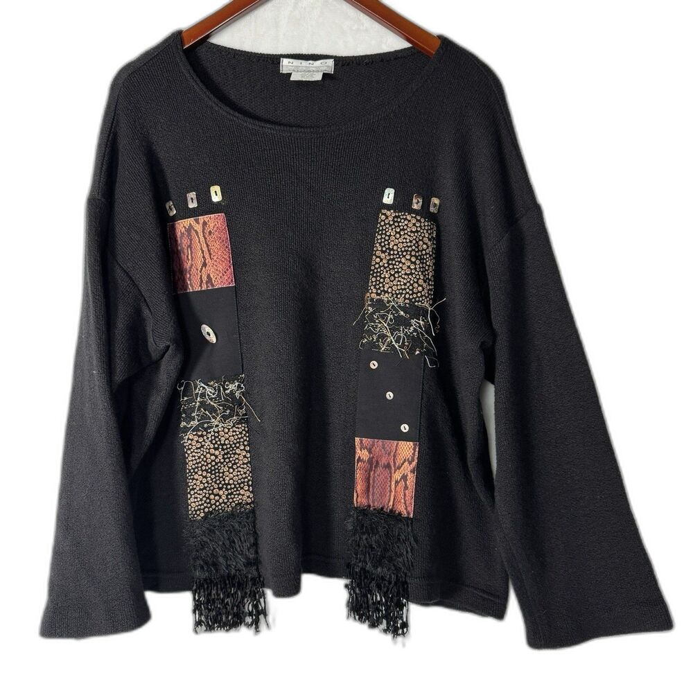 Nino Wong Sweater Top Large Black Textured Patchwork Fringe Boho Artsy Vintage